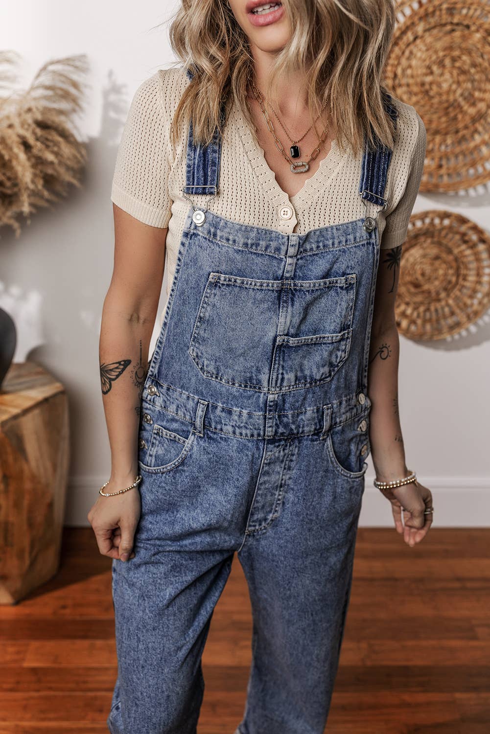 Denim Bib Straight Leg Jumpsuit with Pockets