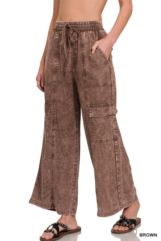 Washed Linen Elastic Band Waist Brown Cargo Pants