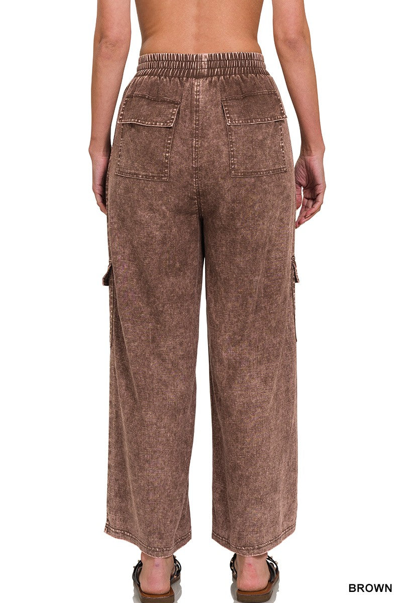 Washed Linen Elastic Band Waist Brown Cargo Pants
