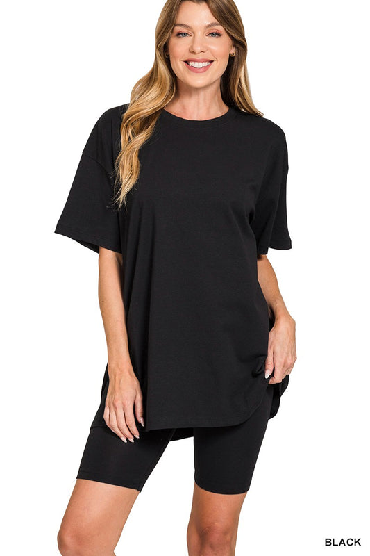 Cotton Black Round Neck Top & Biker Shorts