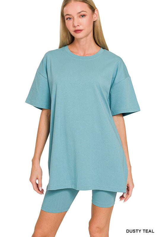 Cotton Round Neck Top & Biker Shorts