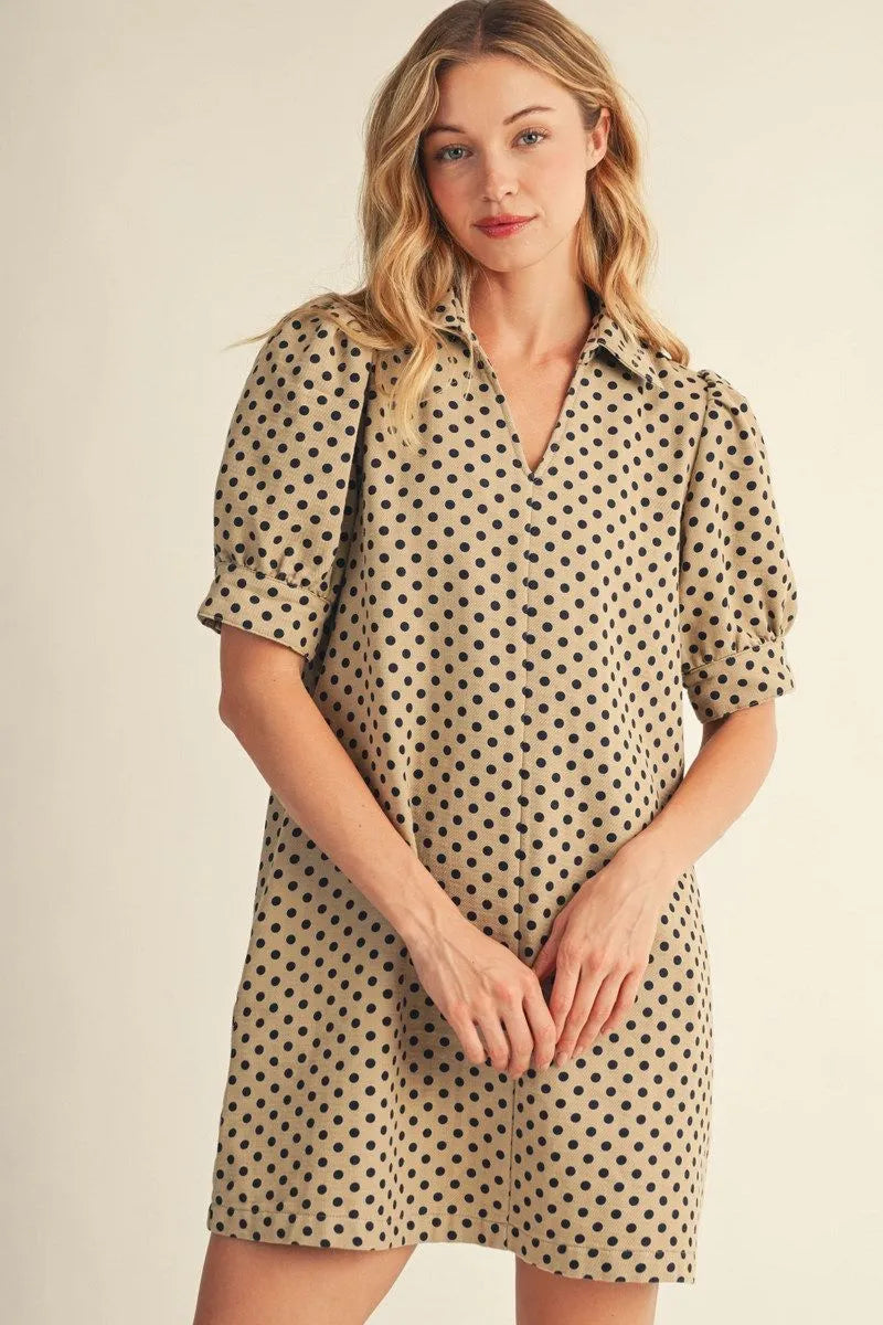 Puff Sleeve Polka Dot Taupe Dress