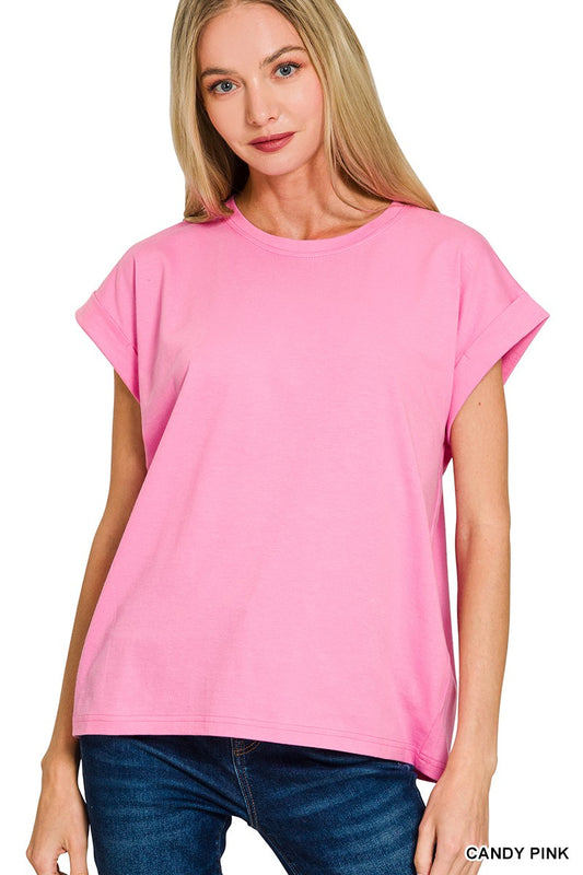 Round Neck Folded Short Sleeve T-shirt