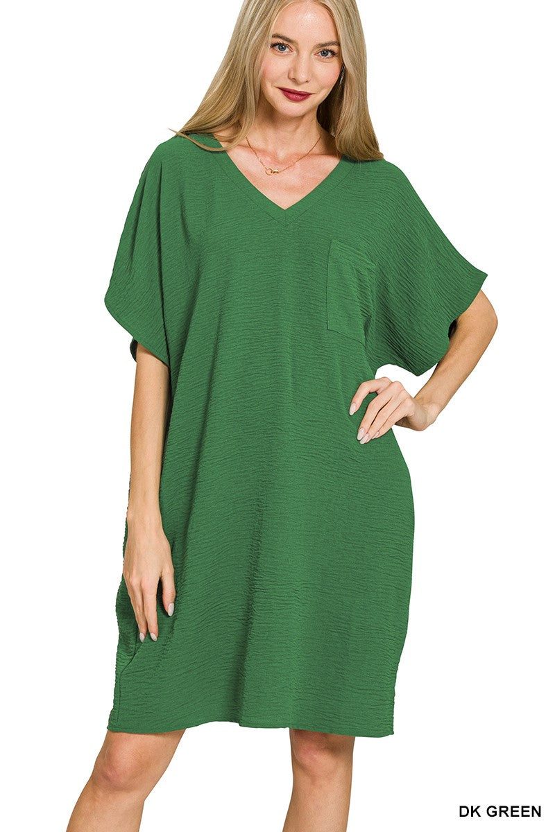 Woven Airflow V Neck T Shirt Dress With Pockets