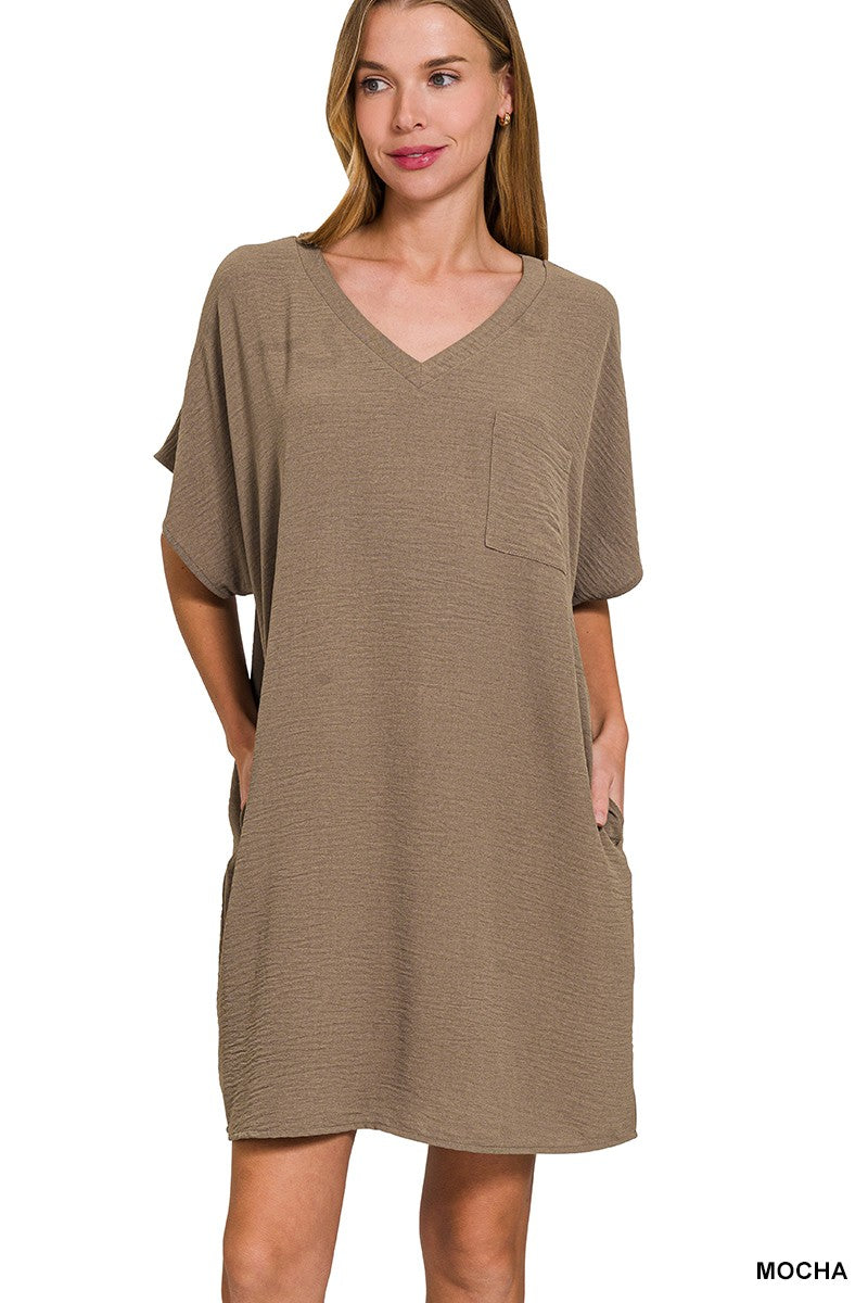 Woven Airflow V Neck T Shirt Dress With Pockets