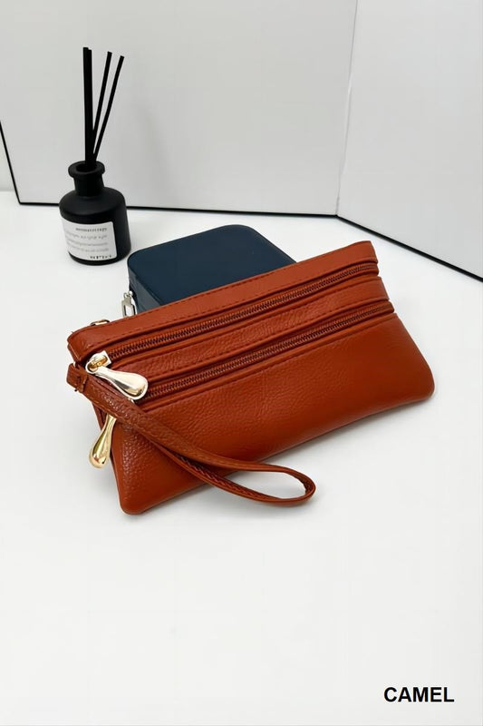 Vegan Leather Triple Zip Wrist Wallet Clutch Purse