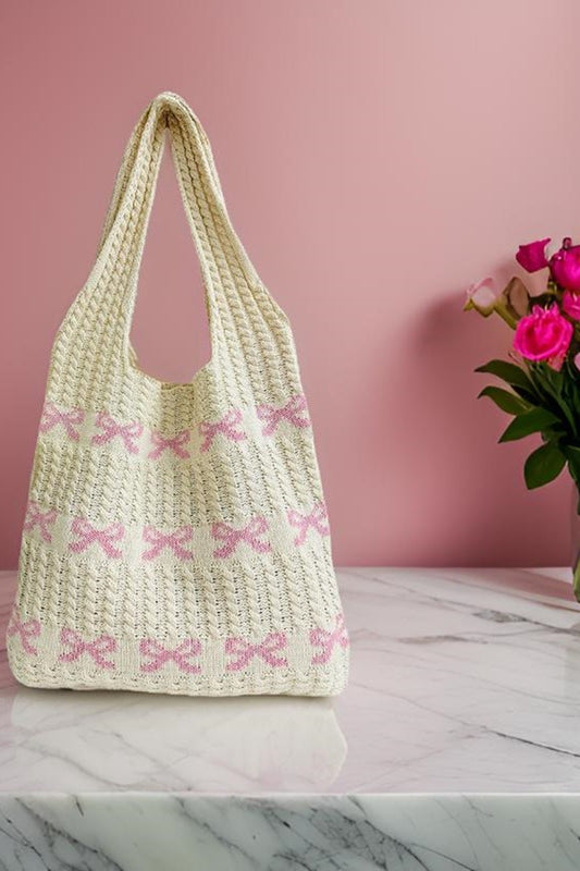 Ribbon Bow Pattern Crochet Woven Knit Bag