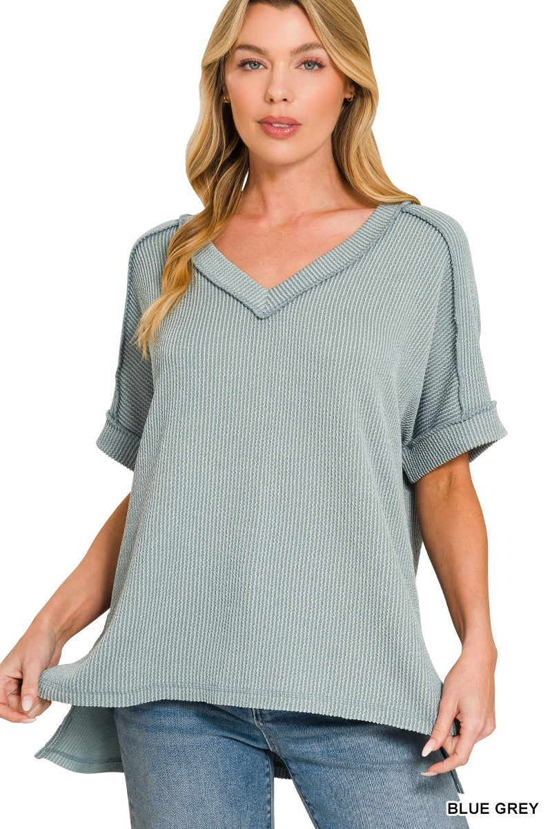 Raised Rib Short Sleeve Hi-low V Neck Top