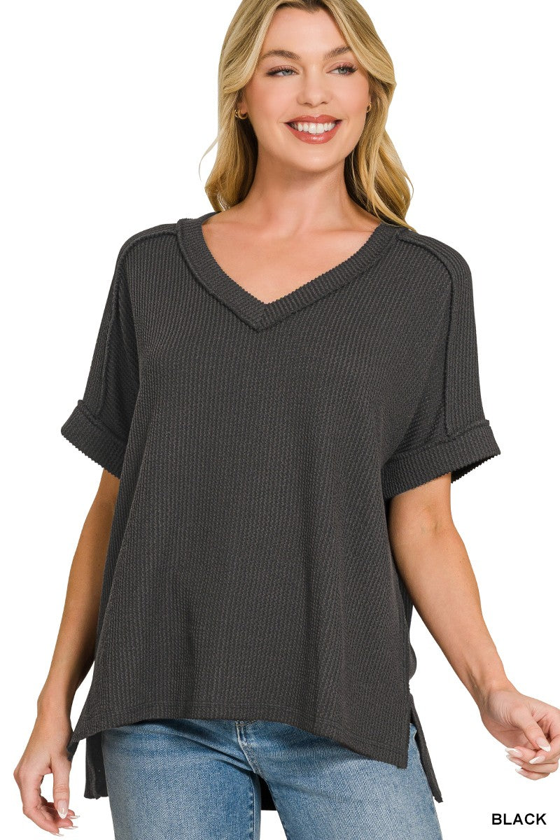 Raised Rib Short Sleeve Hi-low V Neck Top