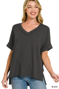 Raised Rib Short Sleeve Hi-low V Neck Top