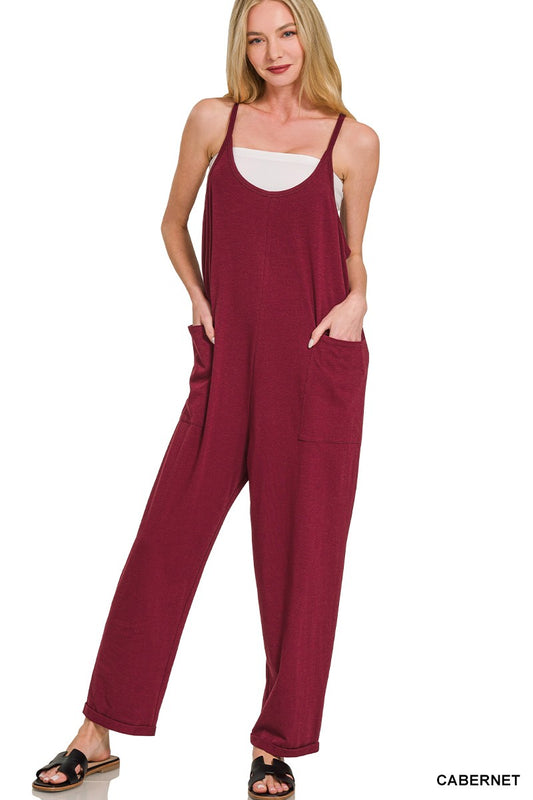 Spaghetti Strap Cabernet Pocketed Jumpsuit