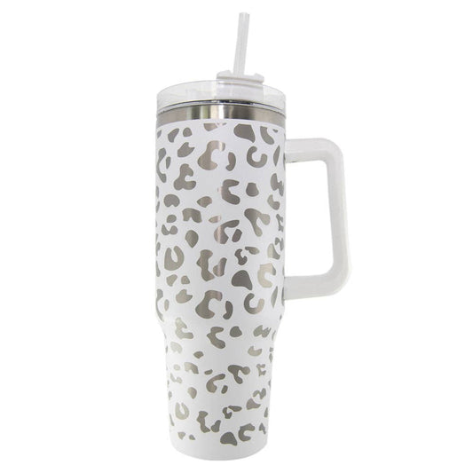 White METALLIC Leopard Tumbler Cup with Handle