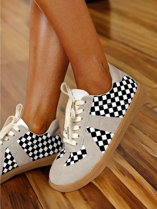 Checkerboard Patchwork Lace-Up Flat Leatherette Shoes