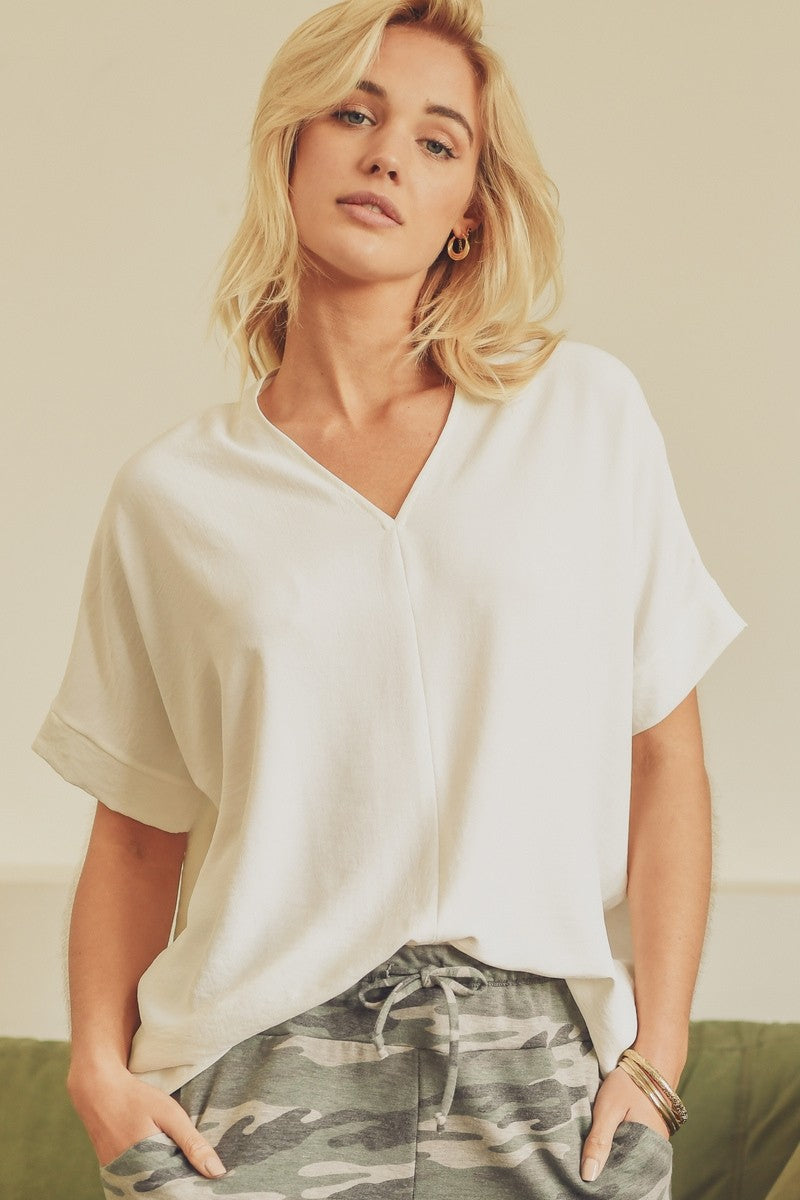 Solid V-Neck Boxy Top