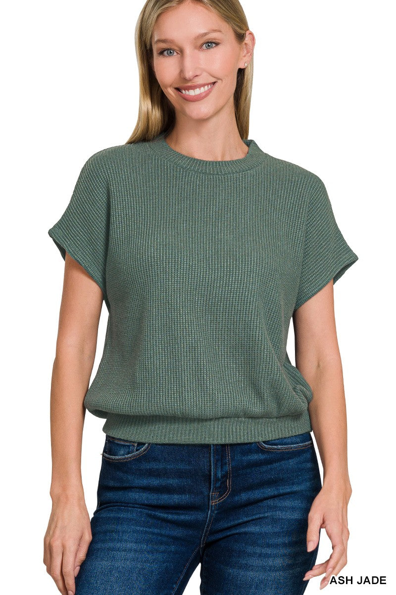 Round Neck Banded Botton Short Sleeve Sweater