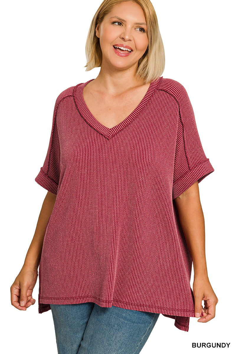 Raised Rib Short Sleeve Hi-low V Neck Top