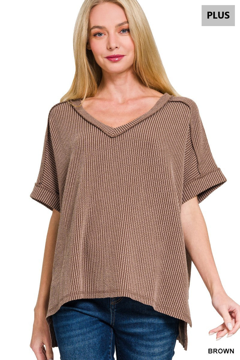Corded Rib Short Sleeve Hi Low Plus Size Top
