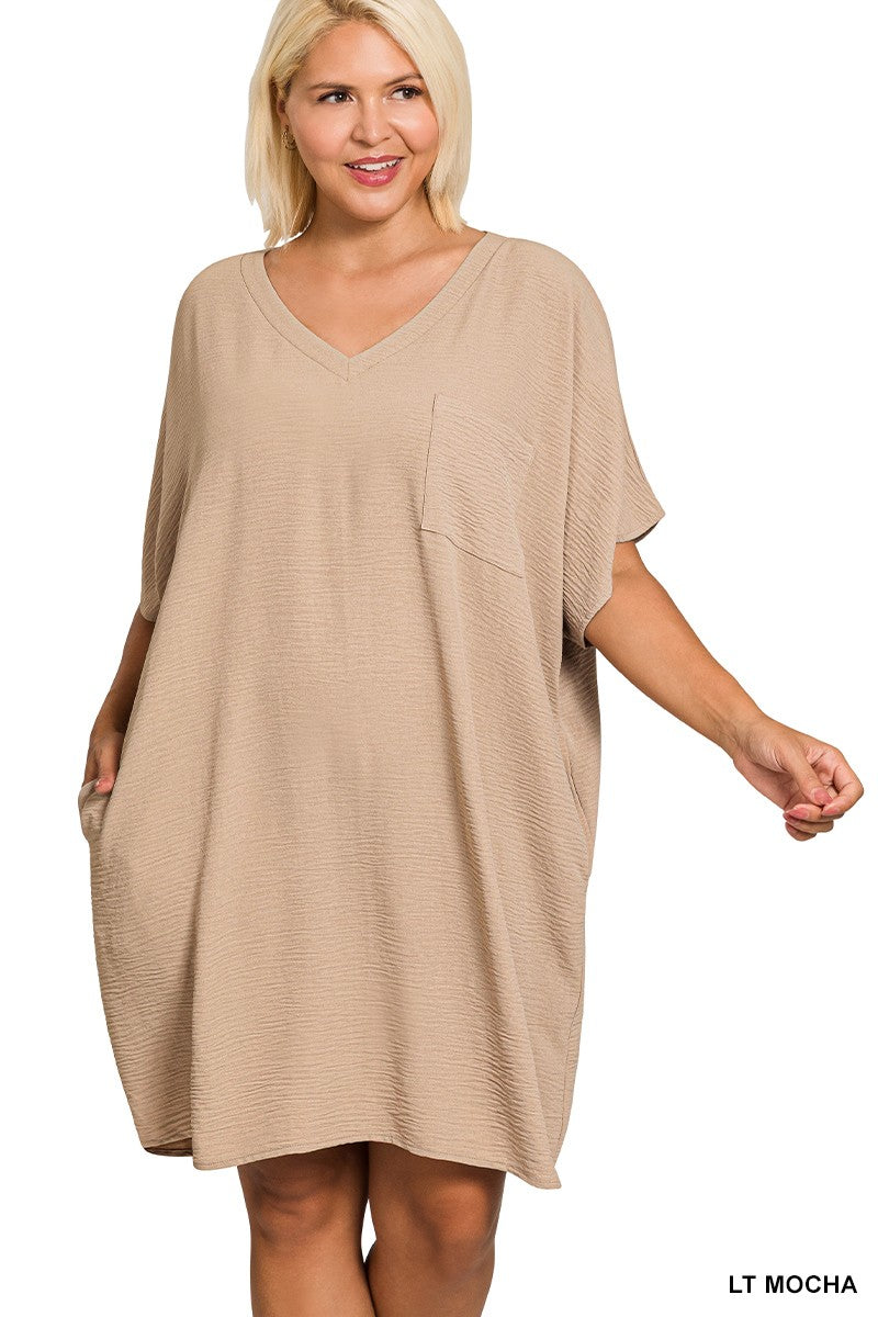 Plus Woven Airflow V Neck T Shirt Dress W/ Pockets Light Mocha