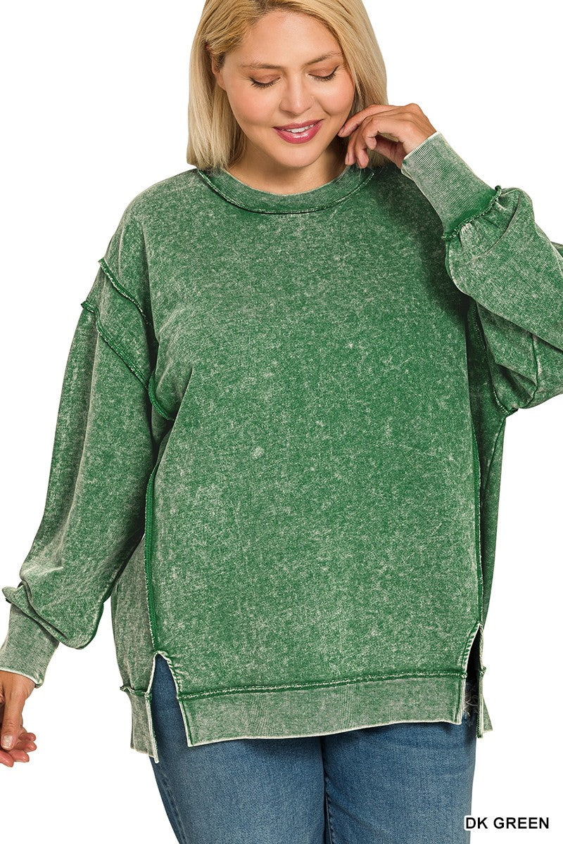 PLUS Dark Green Acid Wash Terry Exposed Seam Sweatshirt