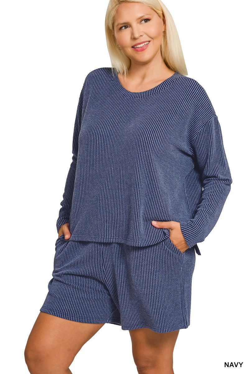 PLUS Raised Rib Long Sleeve Tee & Shorts Set