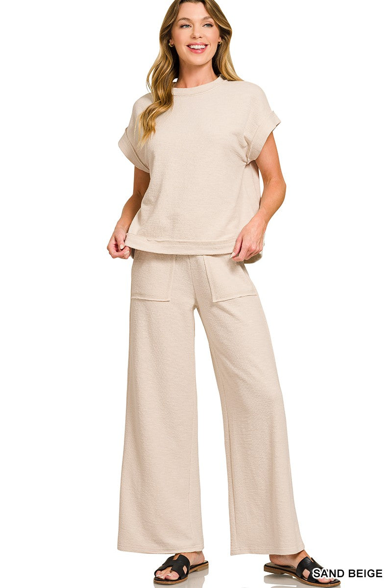 Slub Short Sleeve Tee & Long Pants Set - Sand Beige