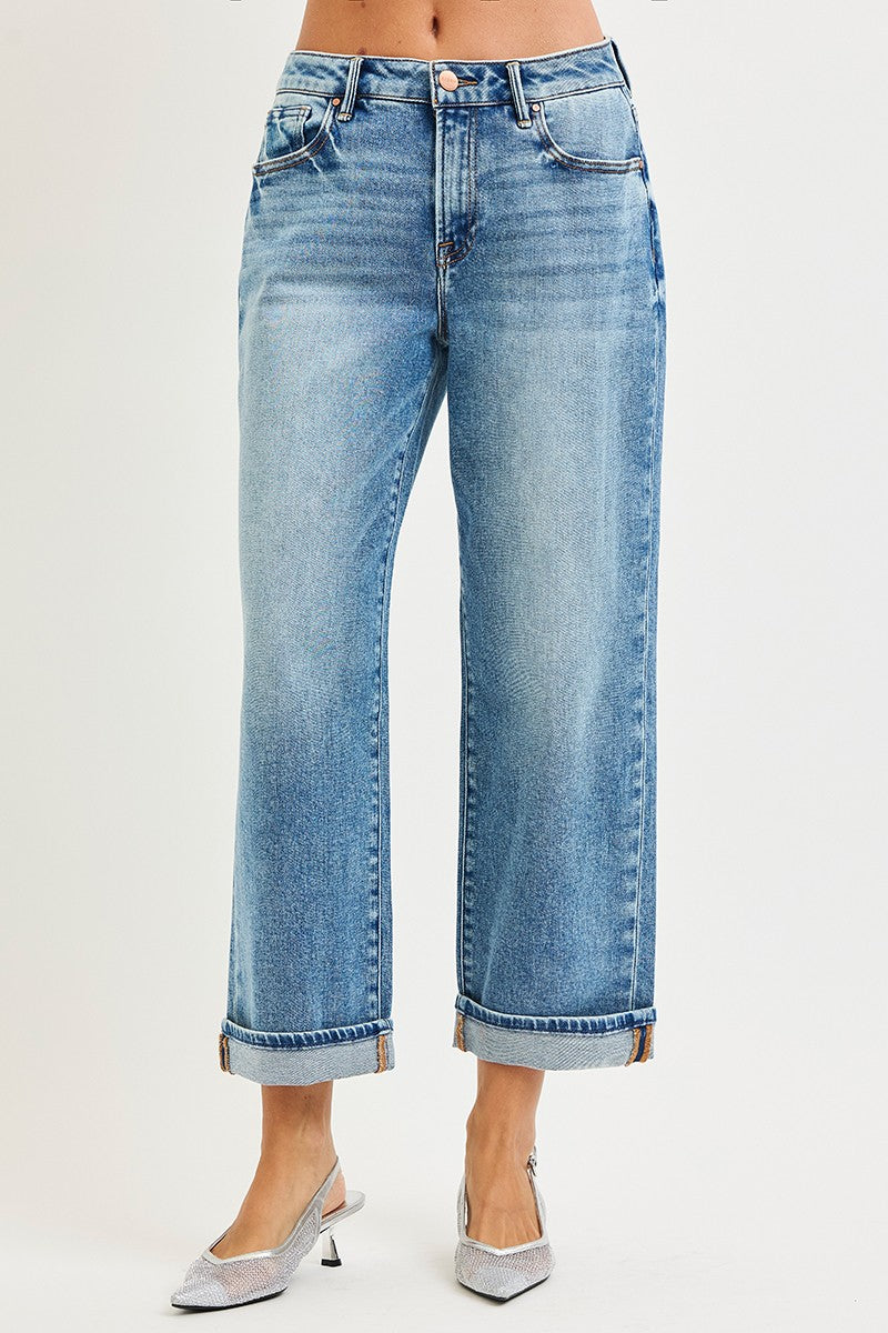Risen Mid Rise Ankle Cuffed Boyfriend Jeans
