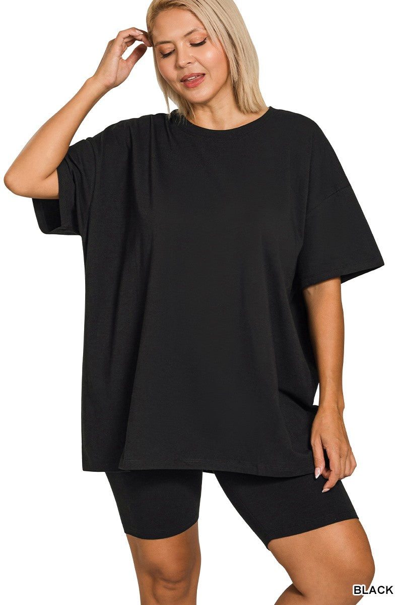 Cotton Black Round Neck Top & Biker Shorts
