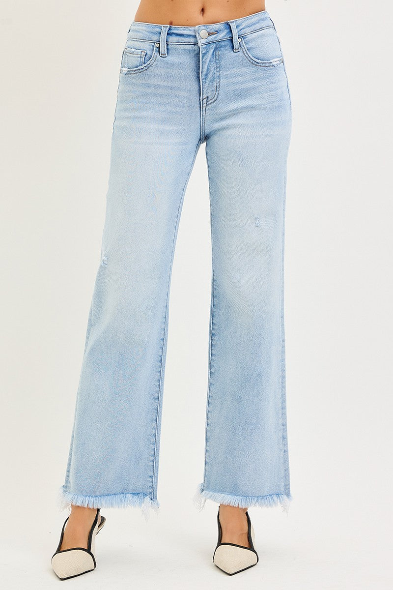 Risen Tummy Control Straight Fray Mid Rise Jeans