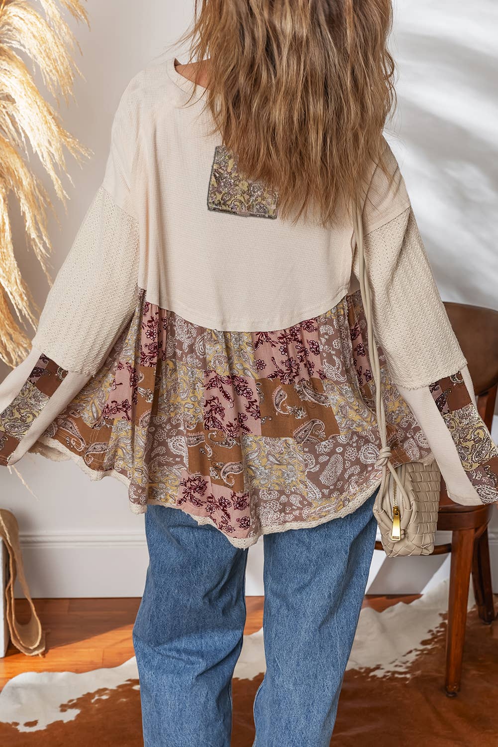 Paisley Contrast Patchwork Long Sleeve Loose Top