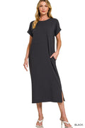 Round Neck Short Sleeve Black Midi Dress