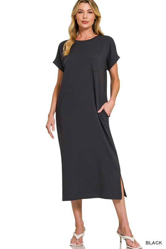 Round Neck Short Sleeve Black Midi Dress
