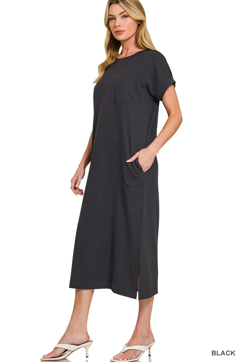 Round Neck Short Sleeve Black Midi Dress
