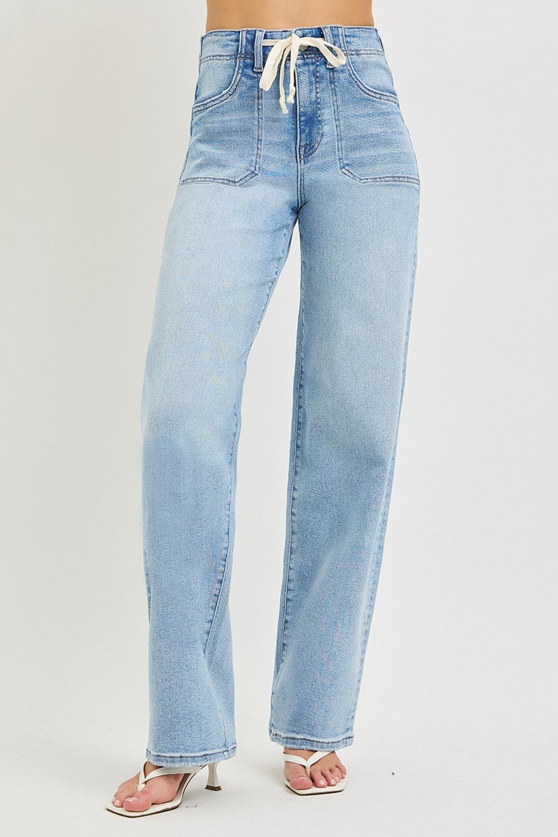 Risen High Rise Wide Baggy Jeans Waistband Tie Detail