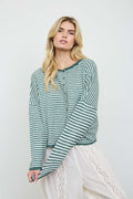 Green Stripe Raw Edge Drop Shoulder Knit Cardigan