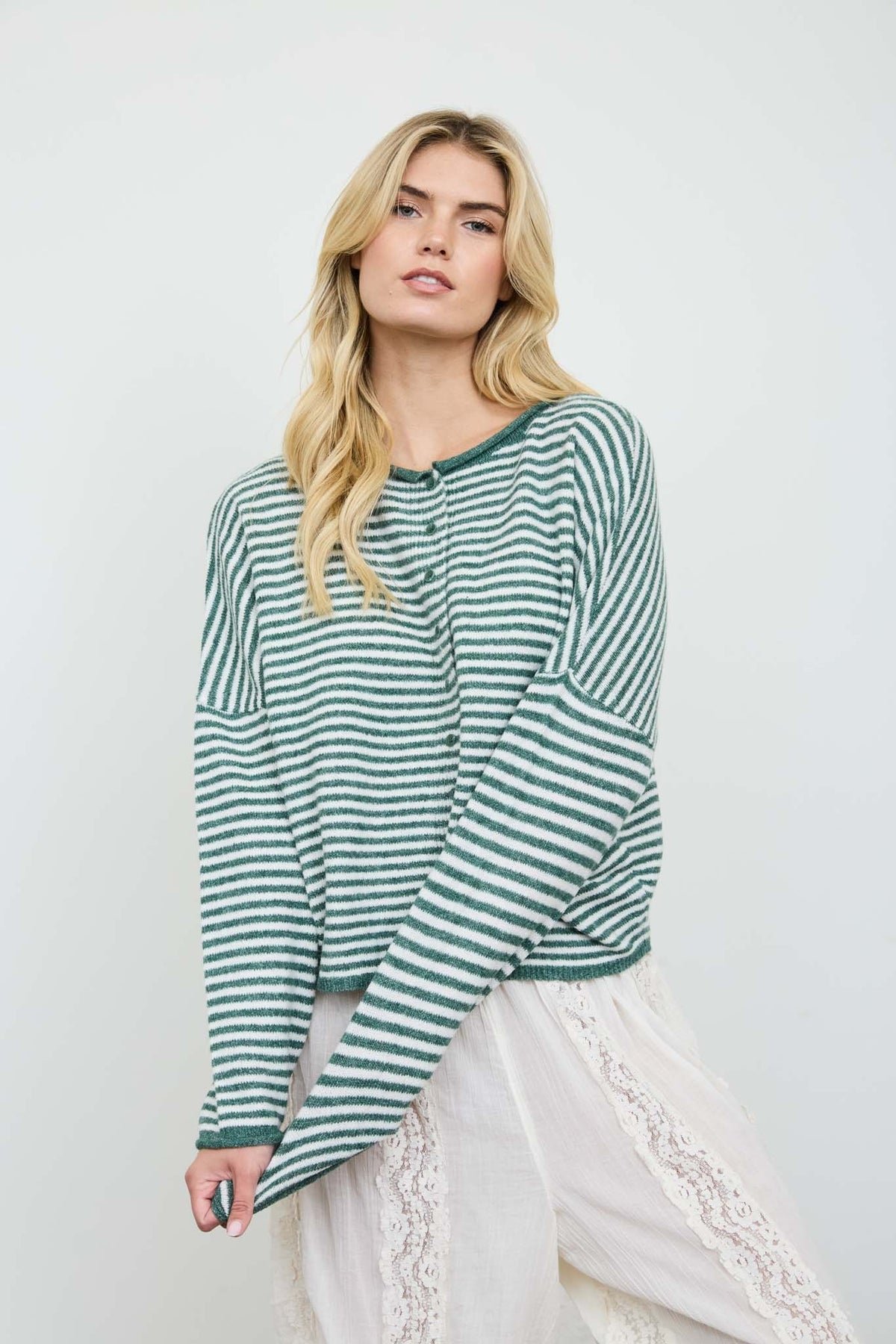 Green Stripe Raw Edge Drop Shoulder Knit Cardigan