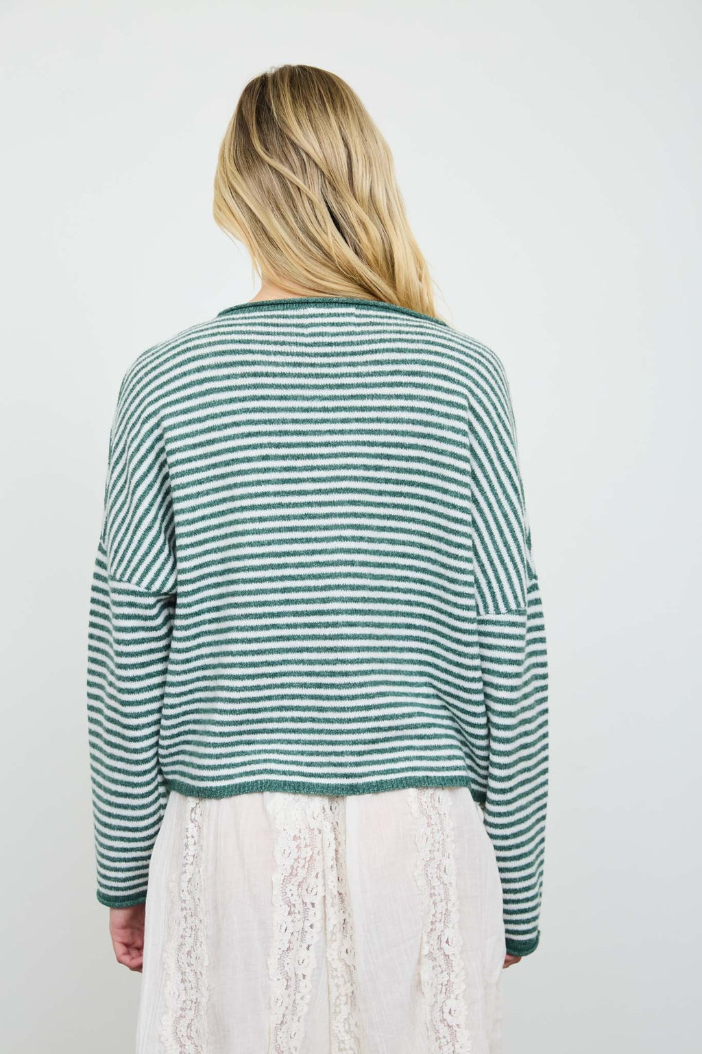 Green Stripe Raw Edge Drop Shoulder Knit Cardigan