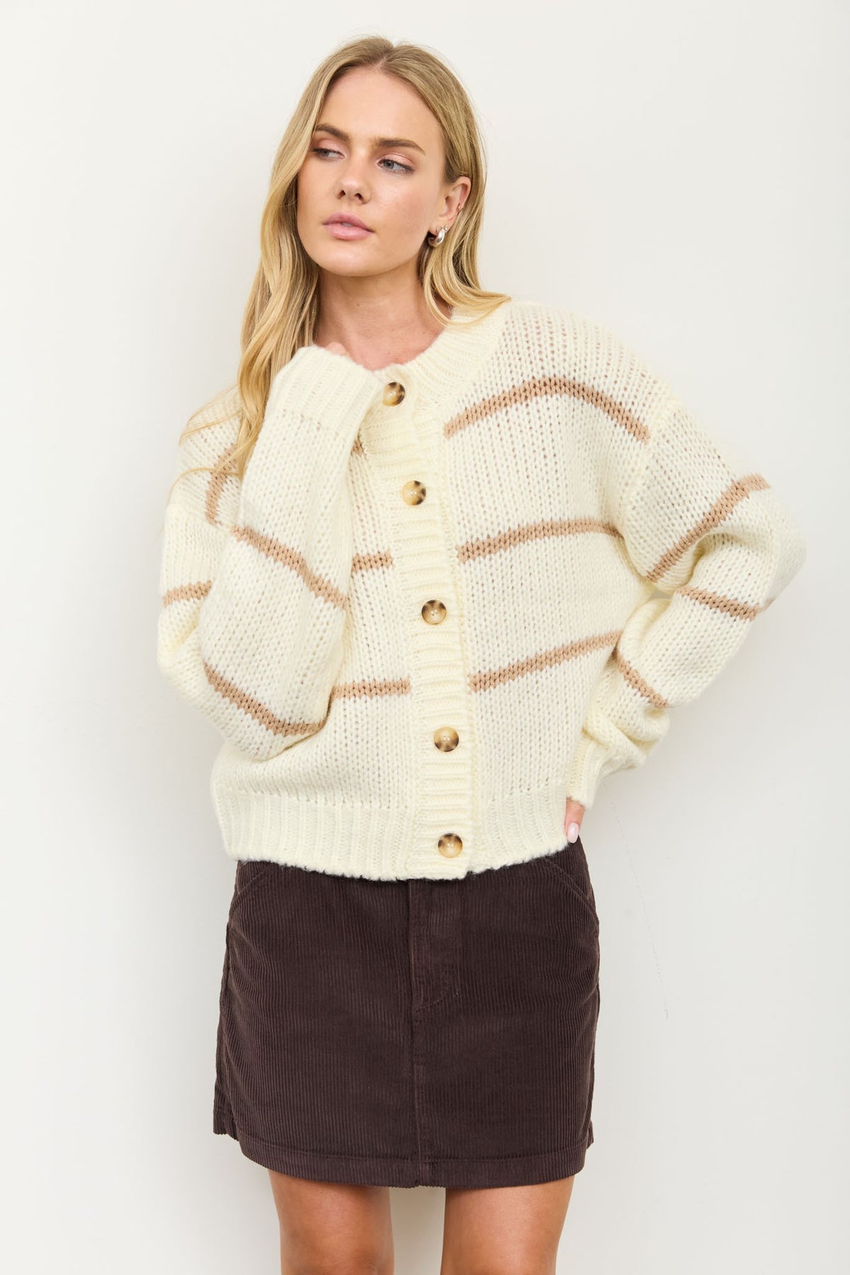 Stripe Jacquard Button Down Butter Yellow Knit Cardigan