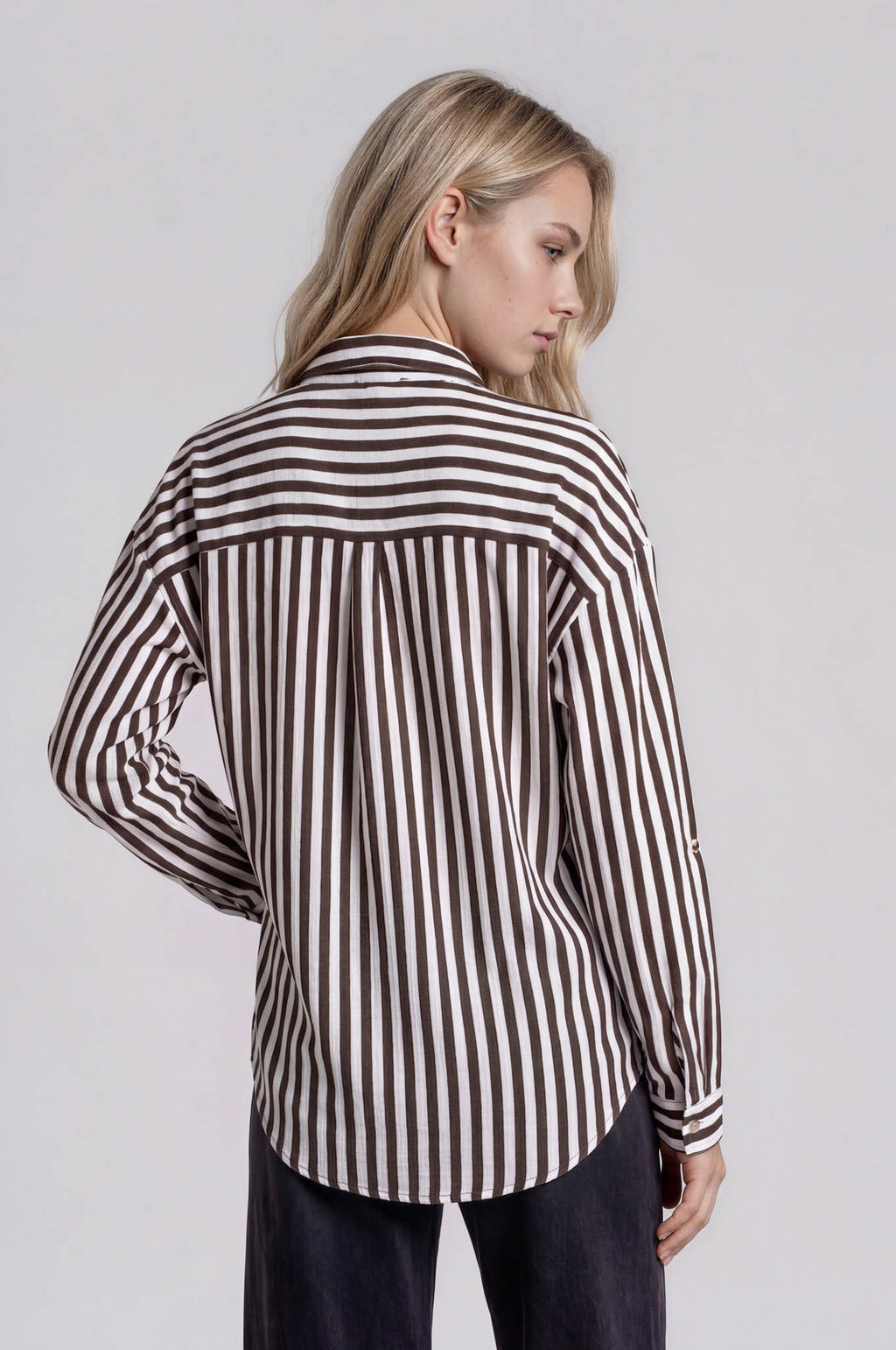 Vertical Brown Stripe Collared Button Down Shirt