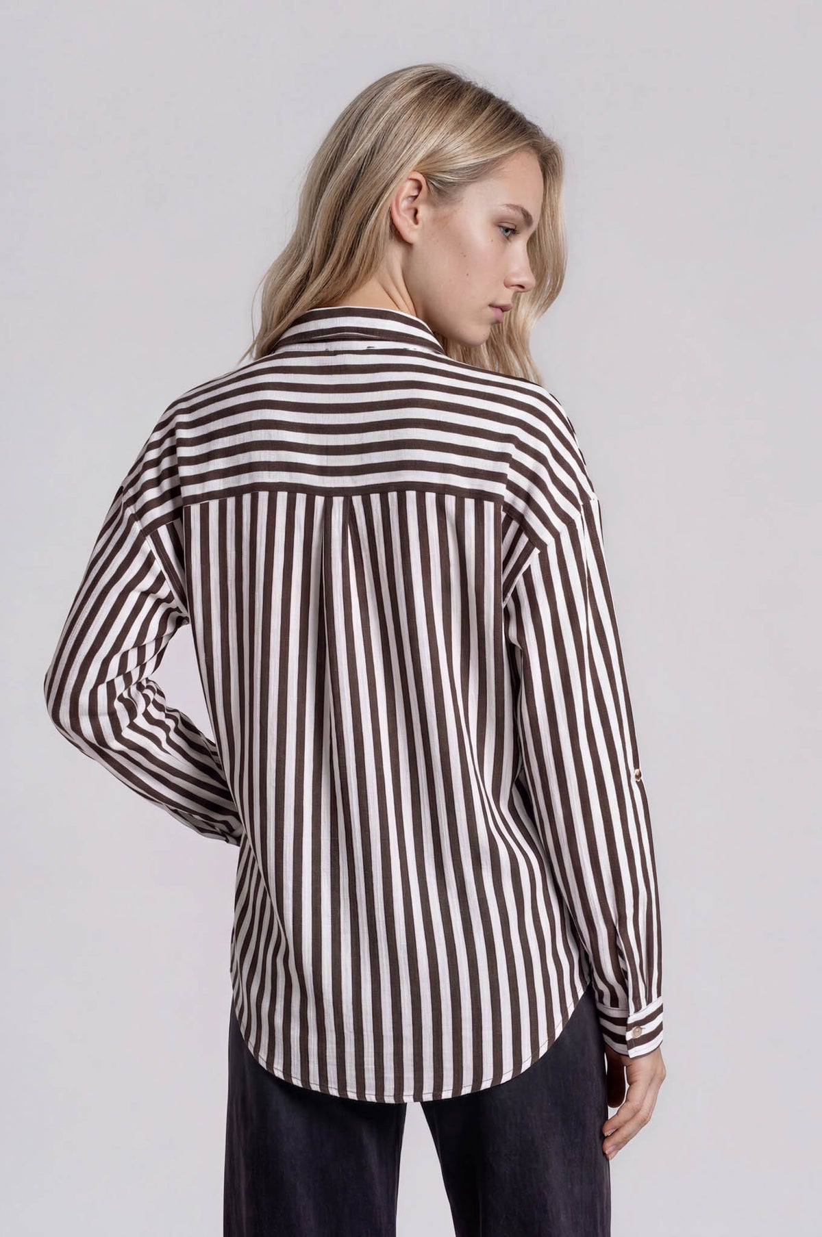 Vertical Brown Stripe Collared Button Down Shirt