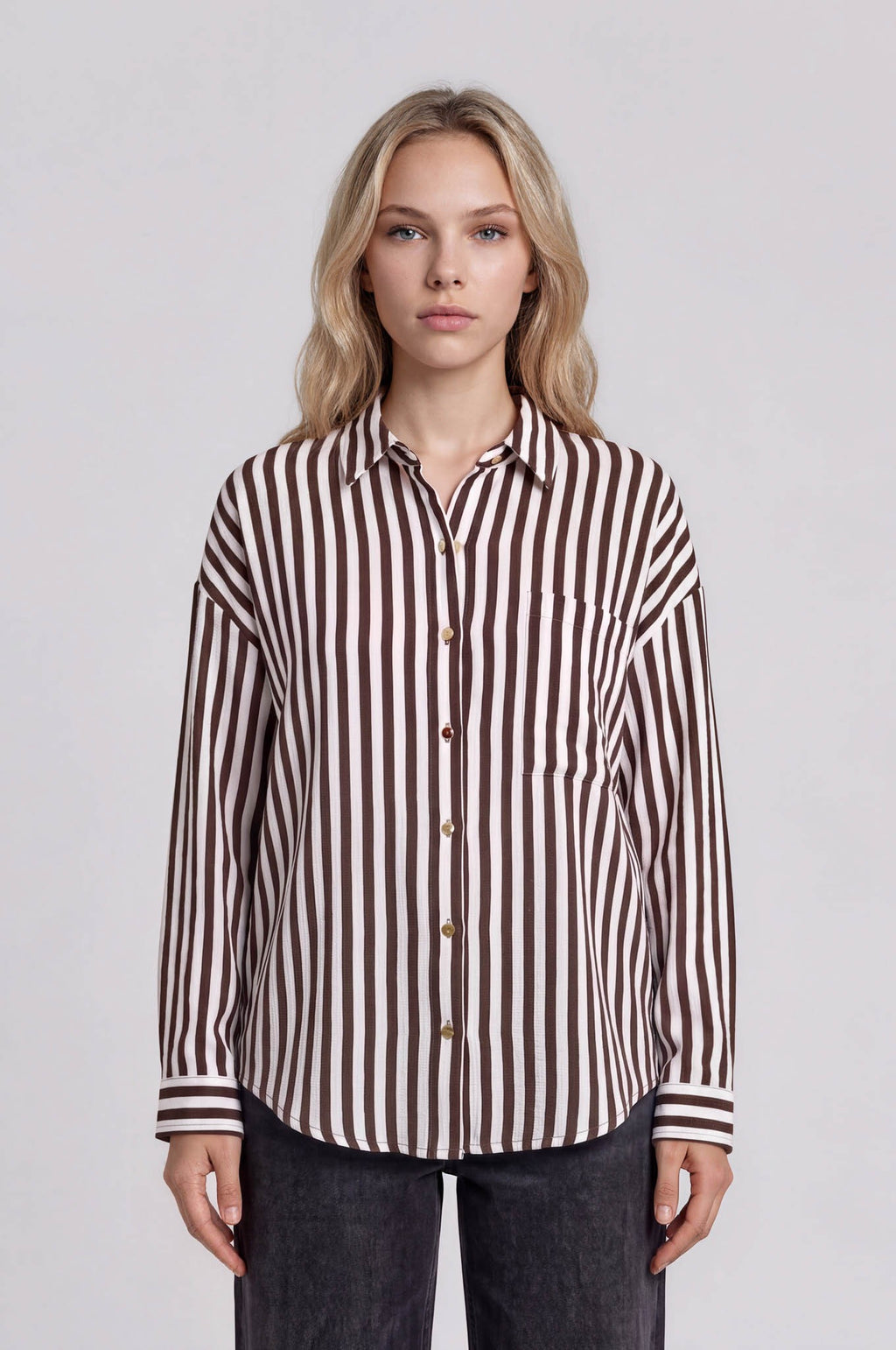 Vertical Brown Stripe Collared Button Down Shirt