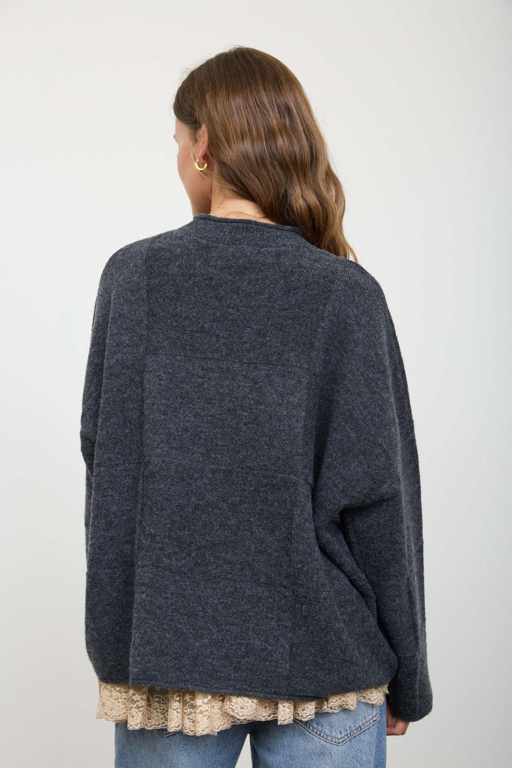 Heathered Checkered Texture Charcoal Long Sleeve Sweater