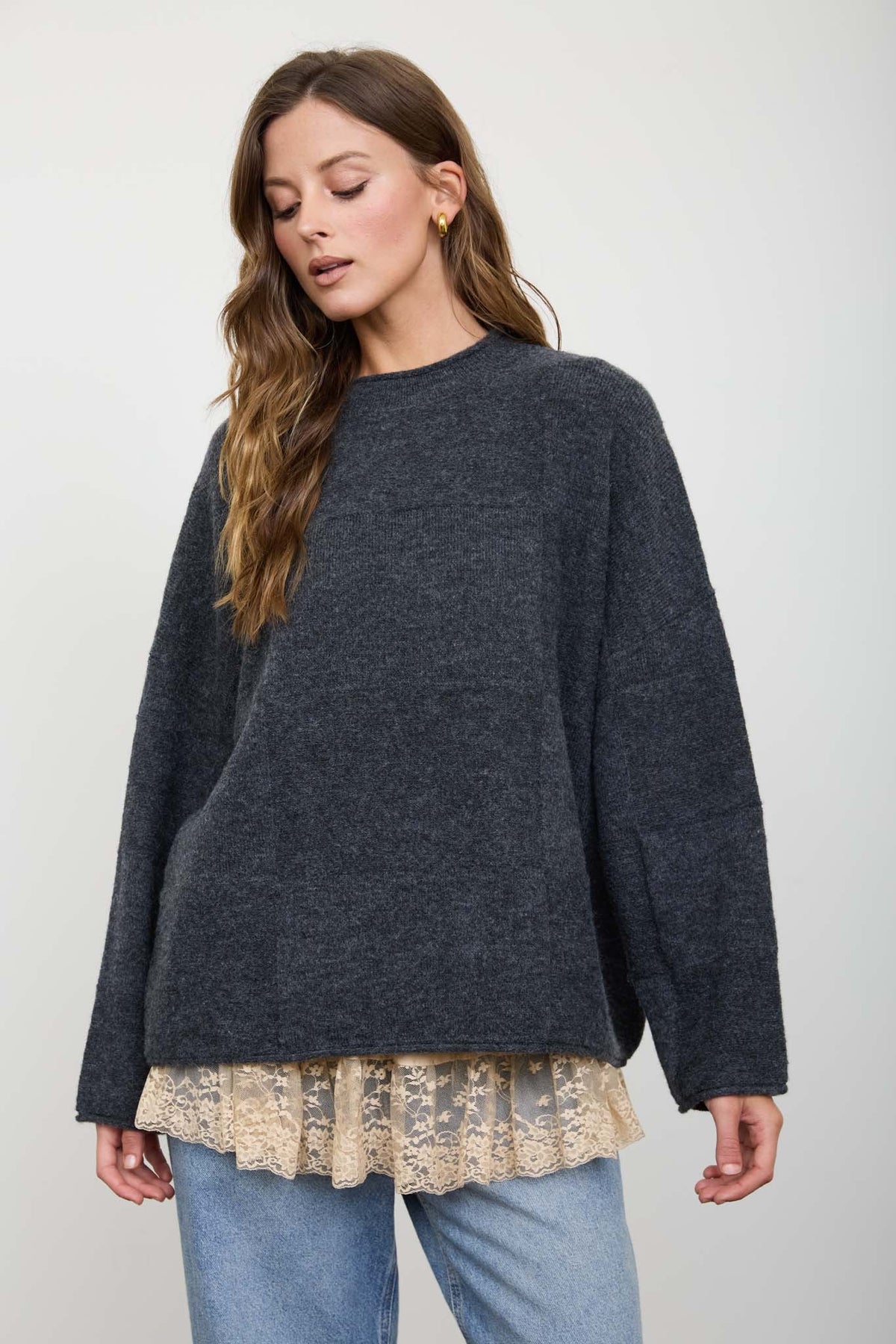 Heathered Checkered Texture Charcoal Long Sleeve Sweater