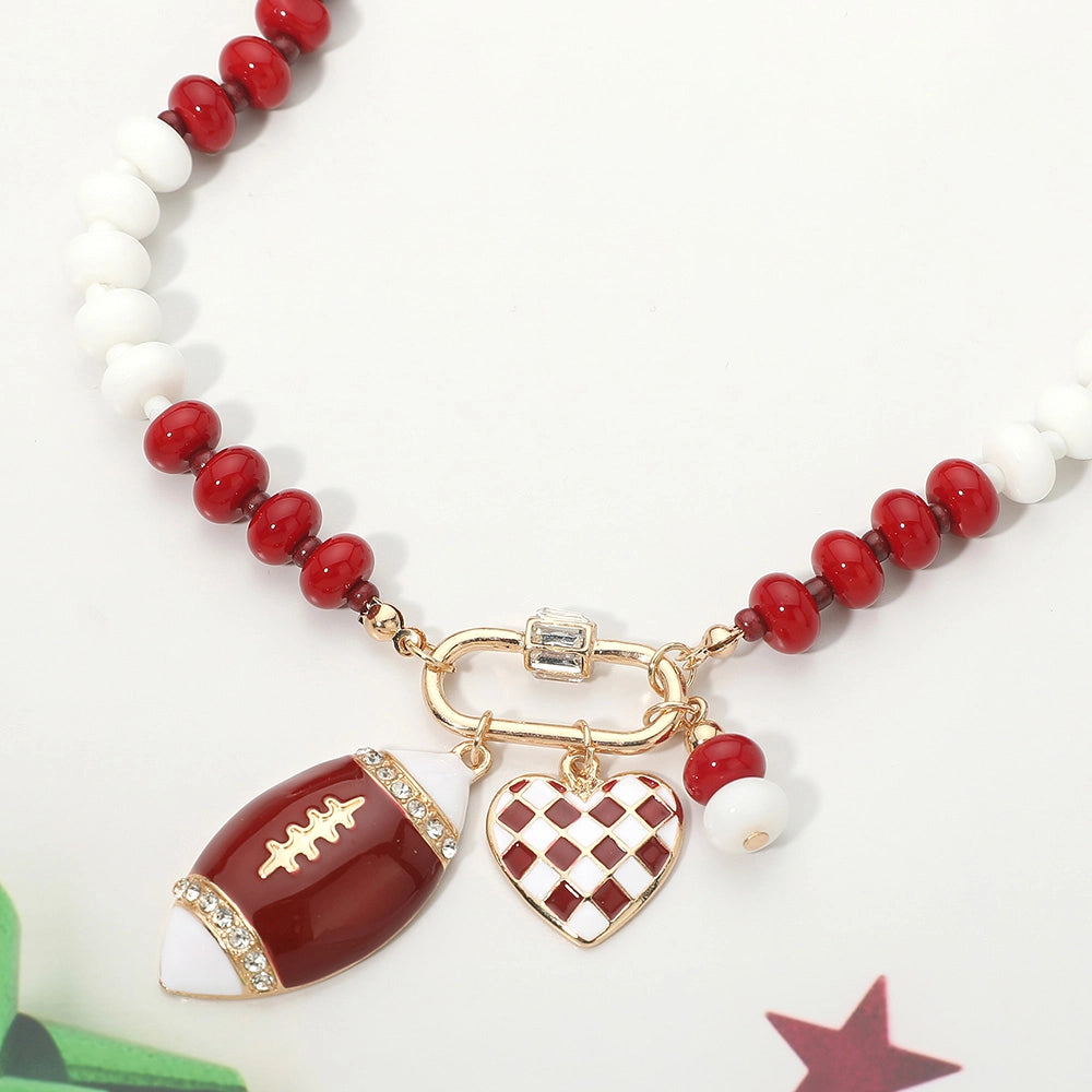 Gameday Football Heart Charm Pended Beaded Necklace
