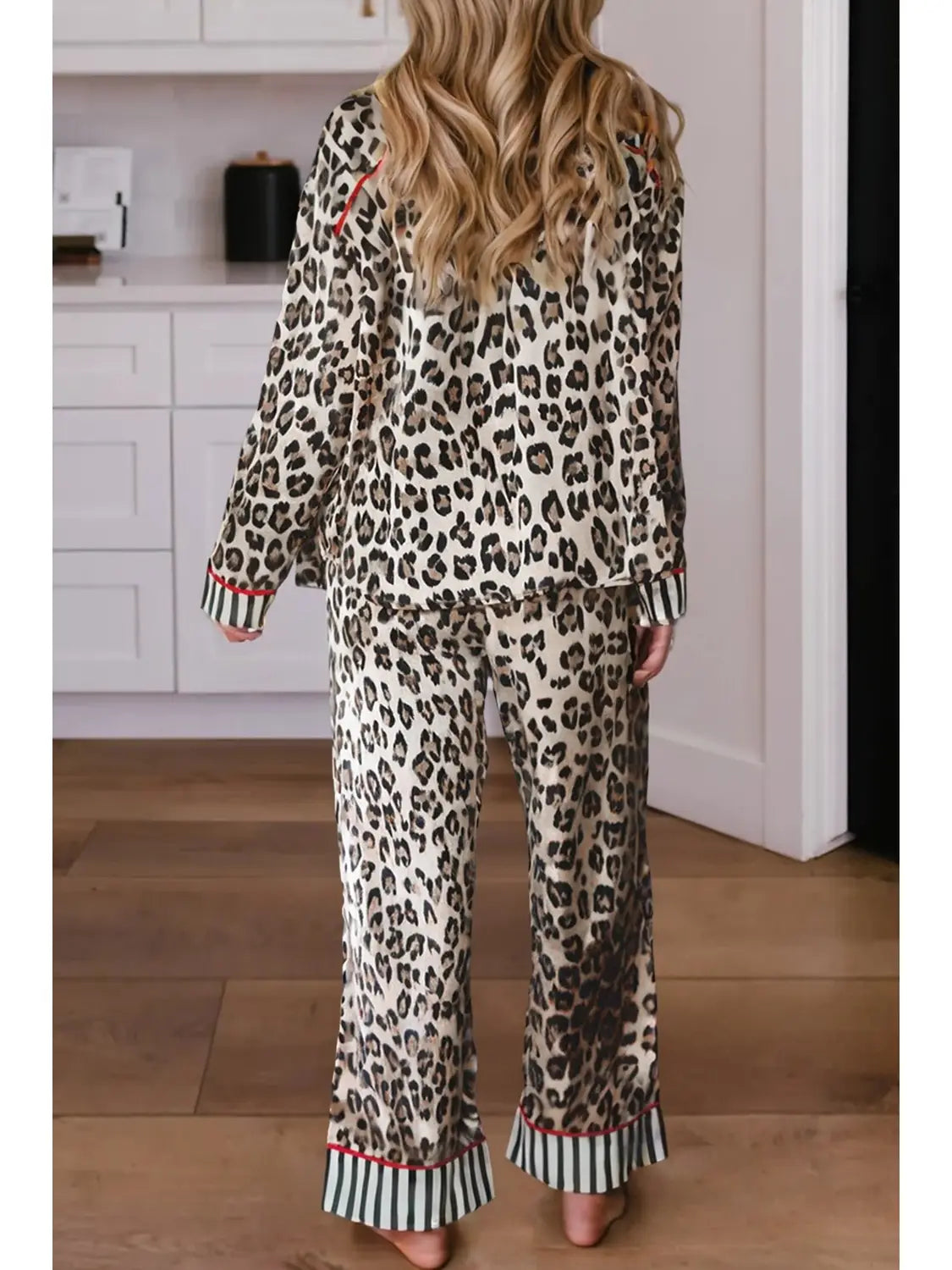 Leopard Colorblock Edge Shirt & Pants Pajamas Set