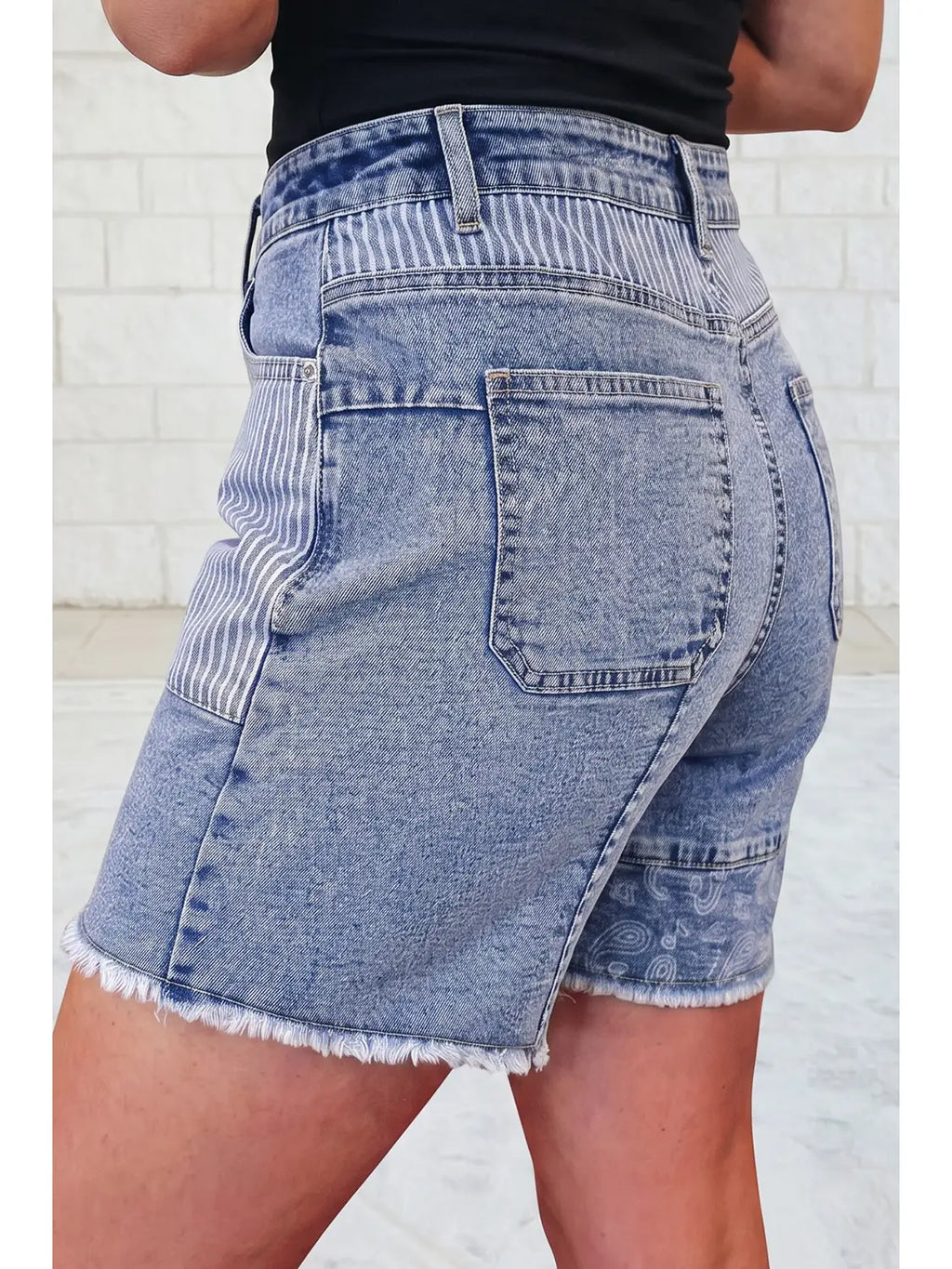 Striped Paisley Mixed Patchwork Raw Hem Stretch Denim Shorts
