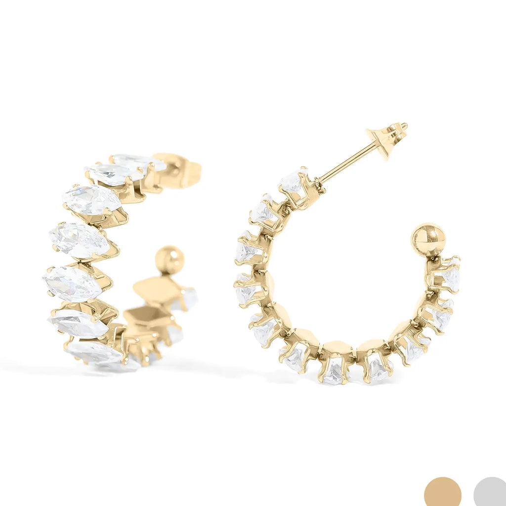 18K Gold Pvd Stainless Steel Marquis Cz Stone Hoop Earrings