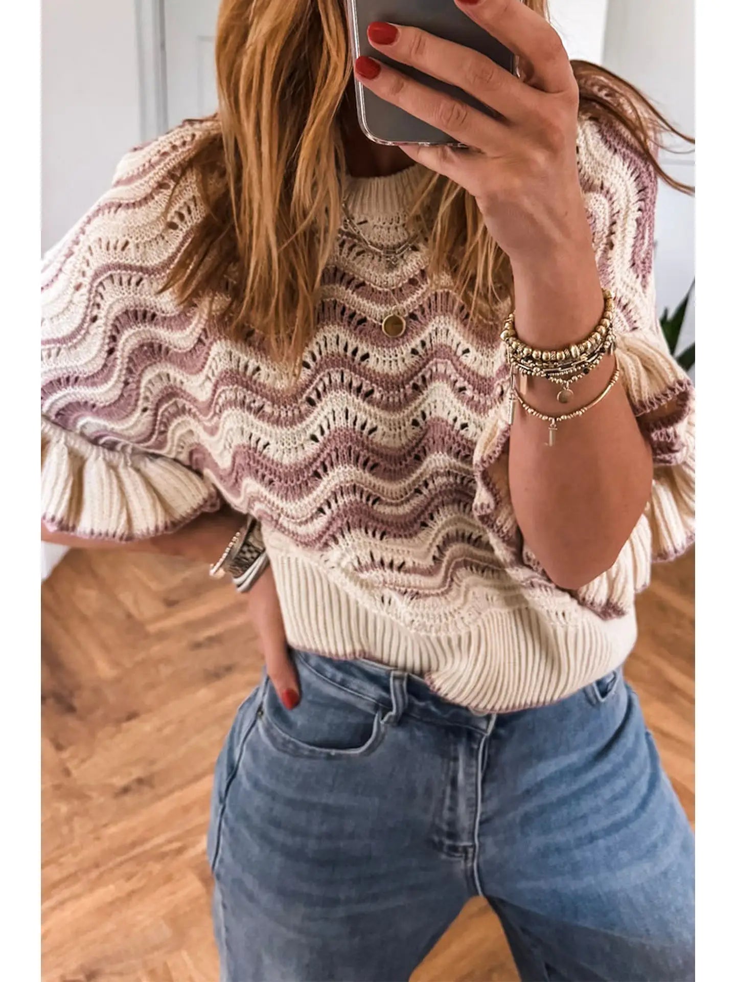 Wavy Crochet Eyelet Detail Ruffle Sleeve Top