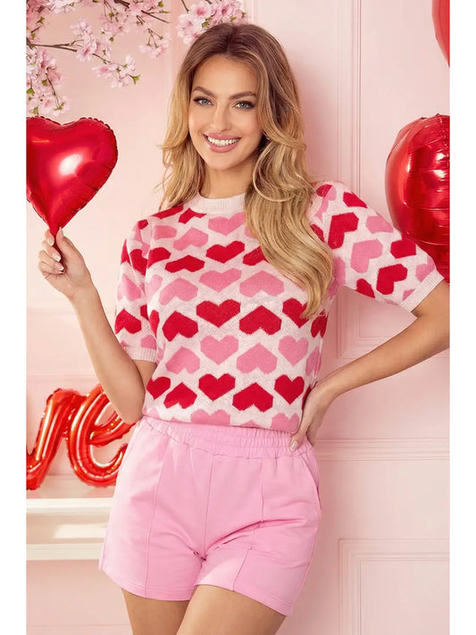 Two Toned Heart Print Short Sleeve Sweater