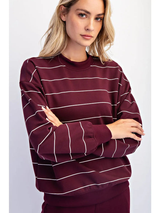 Modal Poly Stripe Long Sleeve Dark Cherry Top