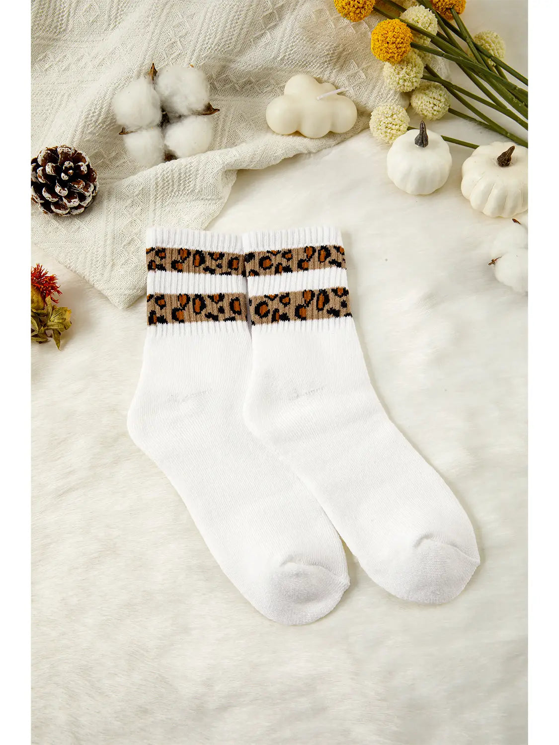 Leopard Striped Detail Ribbed Cuffs Womens Socks